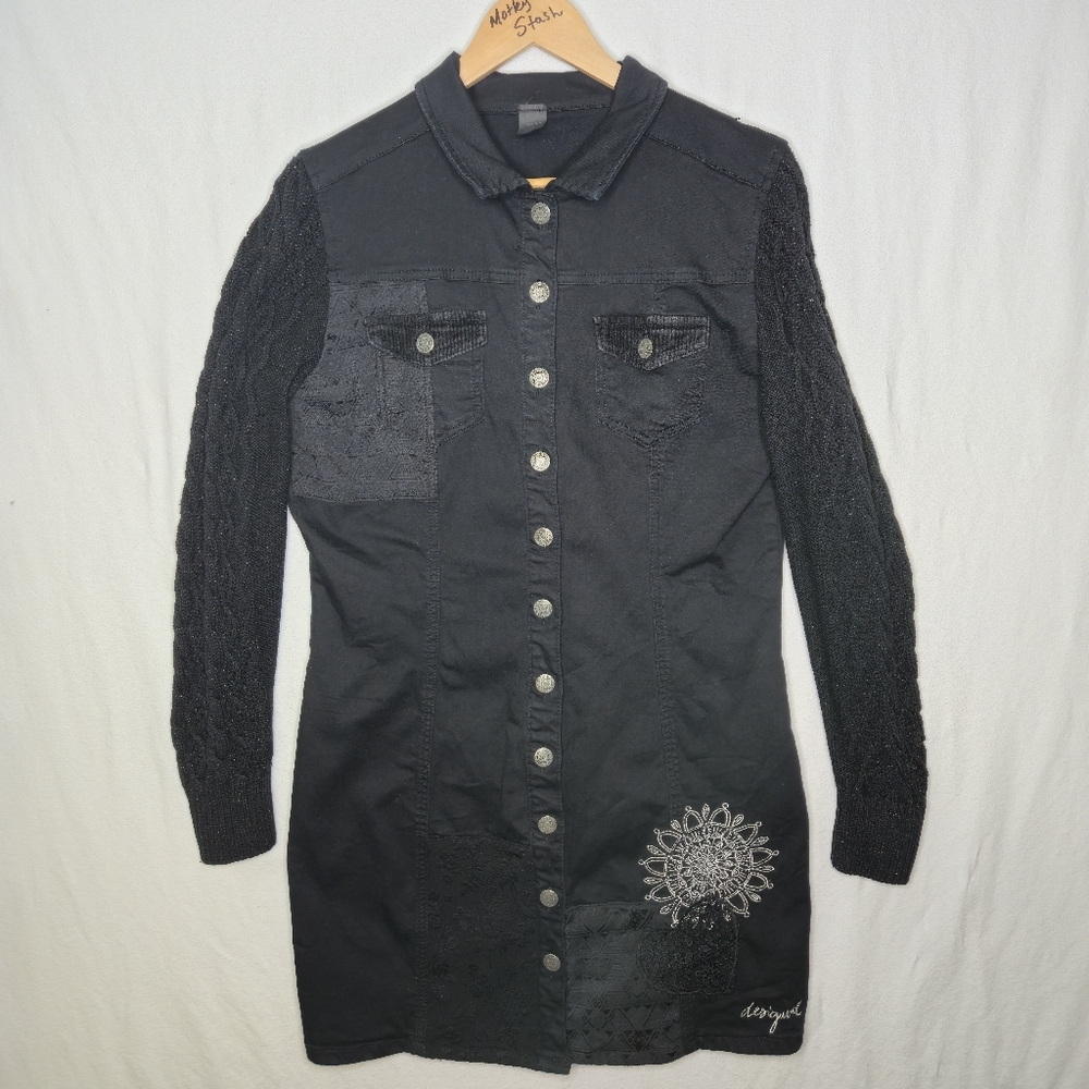 Desigual Ladies Long Black Button Front Jacket Coat Size EUR 46